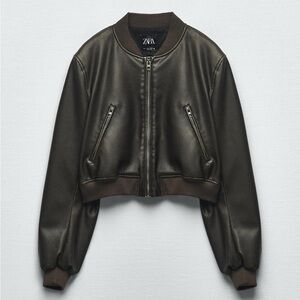Zara Women's Dark Brown Faux Leather Bomber Jacket